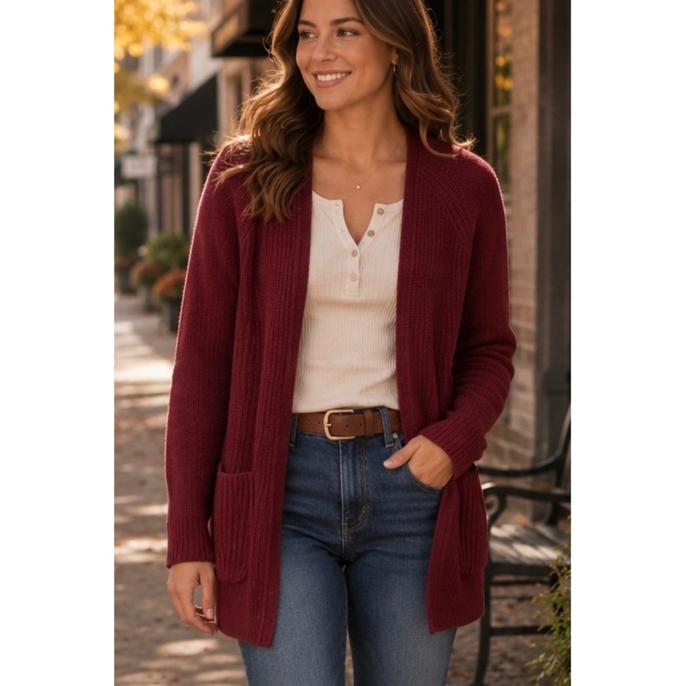 J.Crew Womens Cardigan Burgundy Red Small Wool Ribbed Cozy Layering Sweater